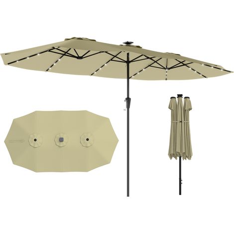 Parasol de jardin double - grand parasol - Outsunny - 36 LED solaires rectangulaire UPF 50+ 12 baleines - 395x215cm - métal - beige