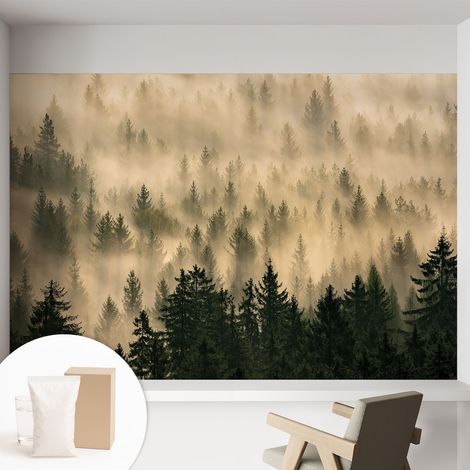 Papier peint intissé mural avec colle pour salon et chambre Décoration murale rapide - Colle incluse gratuite Brume forestière 152x104 cm (1/5)