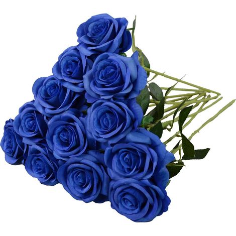 Lot de 12 roses artificielles en soie avec longue tige pour décoration d'intérieur, bouquet de mariée, cadeau de fête de mariage-bleu (1/5)