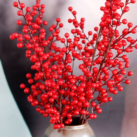 Rameau De Baies Rouges Artificielles - Longueur 63 cm à 80 cm - Pour Décoration De Noël Arbre Vase Intérieur - Lot De 12 Baies Par Branche (1/5)