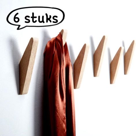 Ensemble de 6 crochets en bois - Patères vintage - Crochets pour foulards - Crochets pour serviettes - Crochets pour casque audio - Crochets robustes pour peignoirs - Portant mural rustique en bois - (1/5)