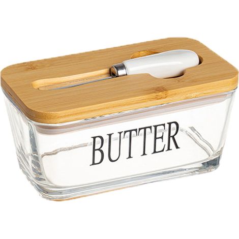 Boîte à beurre - Boîte à beurre en verre - Espace de rangement fermé - Avec couvercle en bambou et spatule - Boîte, bois - 600 ml (1/5)