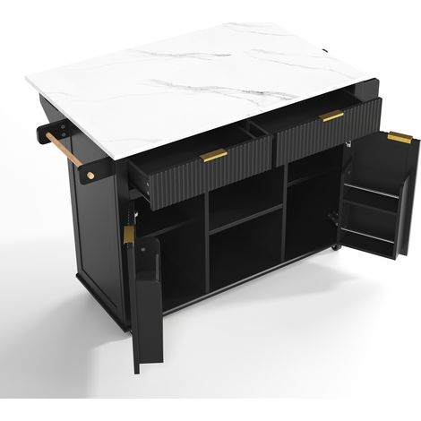 Îlot de cuisine sur roulettes 120 x 45 cm avec plan de travail rabattable, 2 tiroirs, 2 portes, étagères à épices et porte-serviettes, noir (1/5)