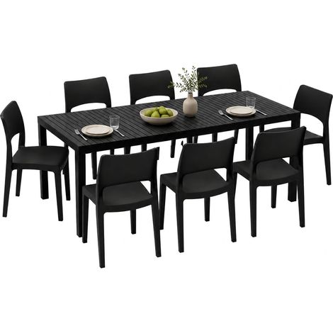 Set de Sala Exterior Masiba, Conjunto de Jardín 8 Plazas, Mesa Extensible Hecho en Italia, Acabado Tipo Listones, Negro Antracita (1/5)