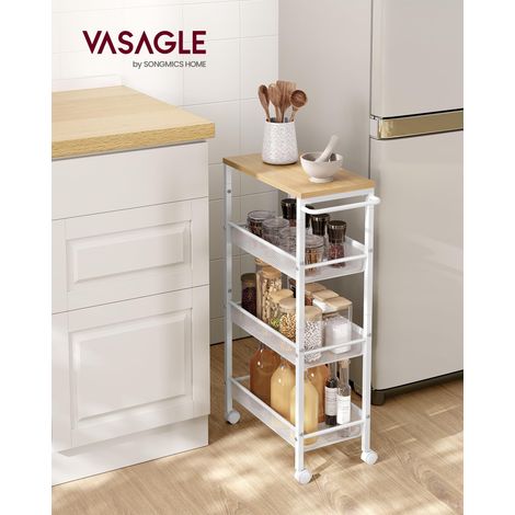 Desserte 4 Niveaux, Étagère de Cuisine Fin avec roulettes, Cadre en Acier, Poignée, Petit Espace, 22 x 45,4 x 77 cm, Salle de Bain, Salon, Bureau, Beige Chêne et Blanc LRC033W09 (1/5)