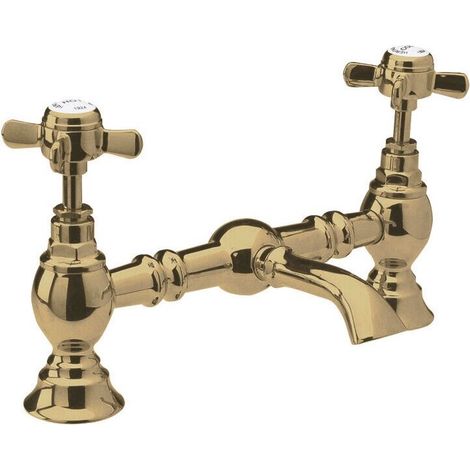 Traditional Bathroom Crosshead 2 Tap Hole Bridge Basin Mixer Tap - Brushed Brass