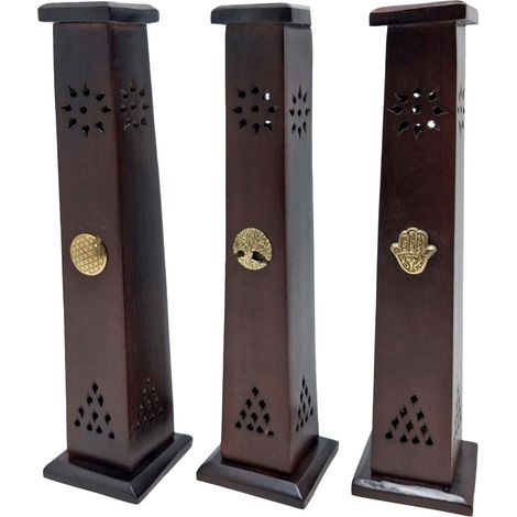 Set de 3 torres portaincienso de madera oscura calada 30,5 cm (1/5)