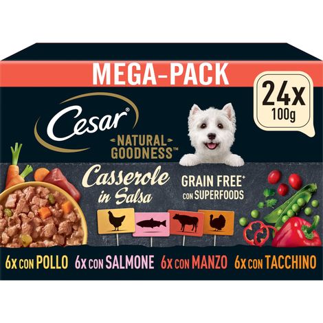 Cesar Natural Goodness Casserole Cibo Umido per Cani al gusto di Pollo, Tacchino, Manzo e Salmone in Salsa, 24 Vaschette da 100g (1/4)