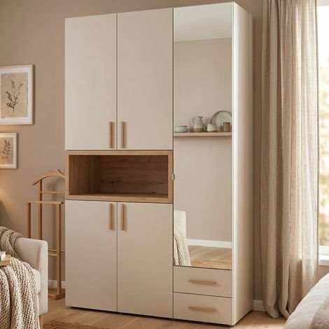 Armario modelo Pianezze de 3 puertas, ropero para dormitorio con perchero, 2 cajones, 6 estantes, 135x56 cm beige (1/5)