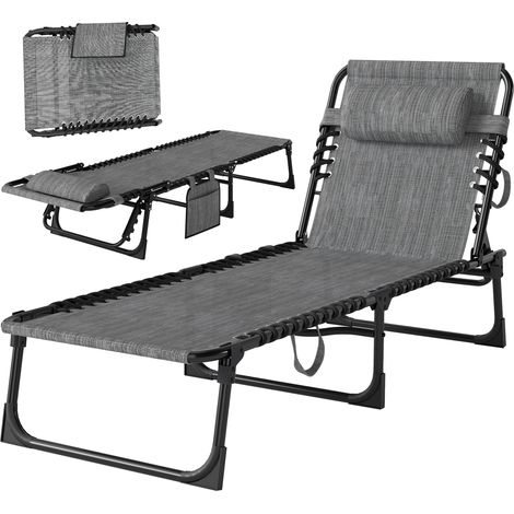 Bain de soleil pliable avec dossier réglable sur 5 positions et appui-tête amovible, 189 x 58 x 30 cm, gris