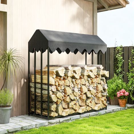 Portalegna da esterno, ripiano per legna con copertura protettiva, tessuto Oxford 600D, capacità 1,9 m³, acciaio, 186x70x185 cm, nero
