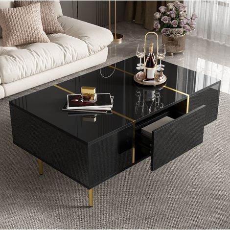 Table basse en MDF noir brillant 100x60x41,5 cm avec 2 tiroirs et détails dorés (1/5)