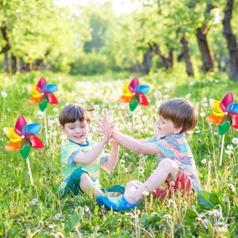 Lot de 100 moulins à vent en plastique arc-en-ciel pour décoration de fête et jardin
