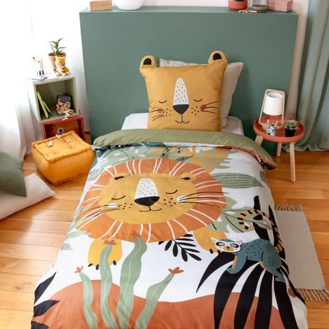 Housse de couette enfant 140x200 + 1 taie Lion avec oreilles