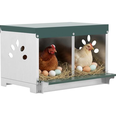 Pondoir à Poules 2 Emplacements, Dessus Imperméable, Trous d'Aération, Facile à Nettoyer, Fixé au Mur ou Posé au Sol, Pondoir Nichoir pour Poules en Acier Galvanisé, Argent (1/5)