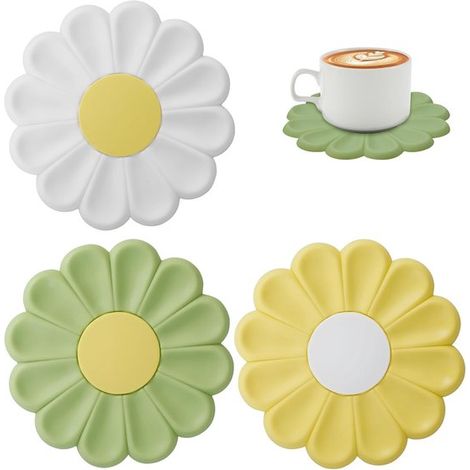 Set de 3 dessous-de-plat marguerite – Silicone – Vert, jaune, blanc – 17 cm – Résistant 230°C – Antidérapant (1/4)