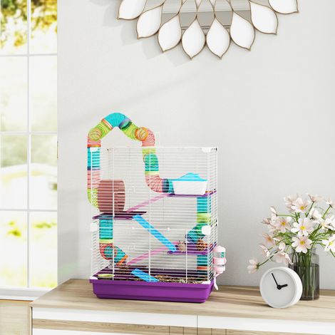 Cage hamster spacieuse 4 niveaux avec tunnels, gamelle, roue, abris et échelles - 46 x 30 x 58 cm, teinte violette pour rongeurs. (1/5)