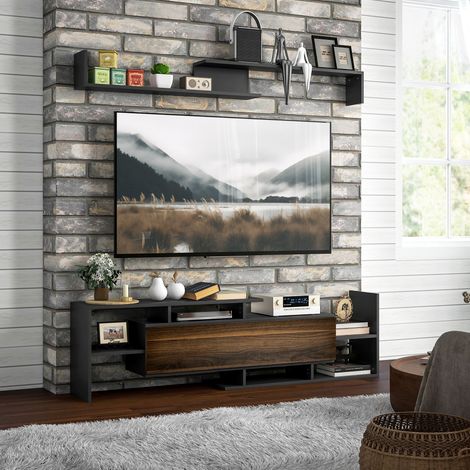 TV-Ständer mit Wandregal, offenen Regalen und Holzschrank, moderner TV-Schrank für Wohn- und Schlafzimmer, Schwarz und Braun