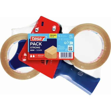 Dérouleur de Ruban d'Emballage et tesapack Ruban d'Emballage en Kit - 2 x Ruban pour Colis de Haute Qualité avec 1 x Distributeur - Transparent - 66 m x 50 mm (1/5)