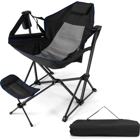 GOPLUS Chaise de Camping Pliable Inclinable avec Repose-Pieds Rétractable, Chaise Camping Portable avec Porte-gobelet & Sac de Transport, pour Camping, Pêche, Randonnée, Charge 150 KG (Noir) (1/5)