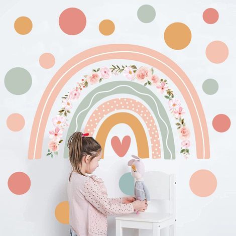 Regenbogen-Wandtattoos, Wandaufkleber im Boho-Stil mit Punkten, rosa Blumen-Wandtattoo für Babyzimmer, Kinderzimmer, Wanddekoration für Zuhause (1/5)