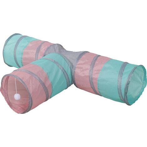 T煤nel de juego triangular KERBL para gato gris y turquesa, 4 entradas, 80x50x25 cm (1/4)