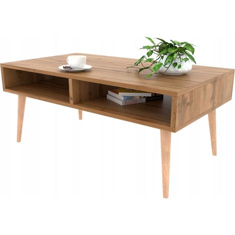 Table basse scandinave en chêne avec banc Wotan et étagère (1/5)