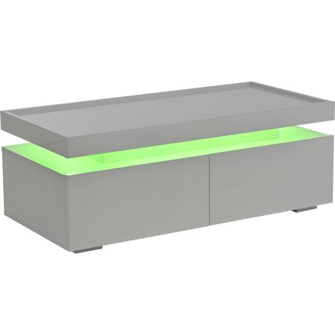 Mesa de centro 95 x 45 x 35 cm con LED, 2 cajones y estante semiabierto, blanco brillo (1/5)