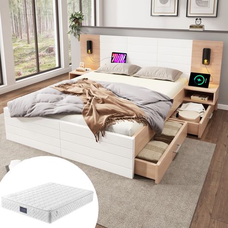 Doppelbett 140x200 cm Weiß und Eiche aus Massivholz und MDF mit Schubladen, Leselicht und USB-Anschluss (1/5)