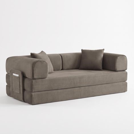 FurnitureR Canapé Lit Taupe Côtelé Modulable Pliable au Sol, Canapé-lit taupe en tissu côtelé avec mousse confortable, convertible en canapé ou espace de repos. (1/5)