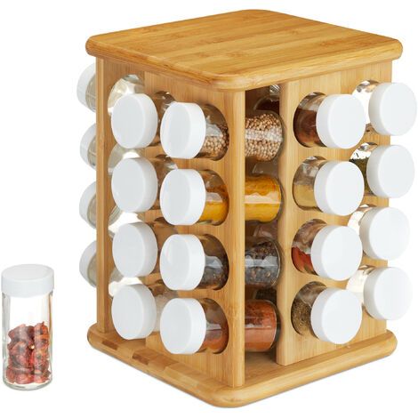 Carrousel à épices en bambou – 32 pots en verre – Support tournant pour accès facile – Dimensions 28 x 25 x 25 cm (1/5)