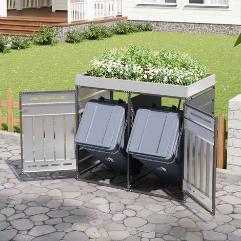 Armario exterior para cubos con jardinera, 2 compartimentos, 131 x 79 x 120 cm, negro (1/5)