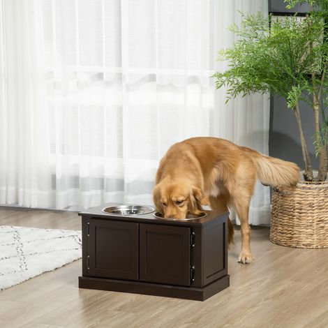 Stazione rialzata per pasti per cane con vano portaoggetti, 2 ciotole inox, marrone, 60 x 30 x 34 cm (1/5)