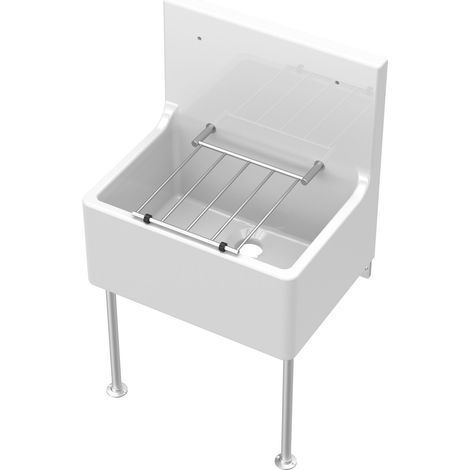 Single Bowl Fireclay Ceramic Cleaner Sink with Grill & Legs, 515mm x 535mm x 393mm - White/Chrome