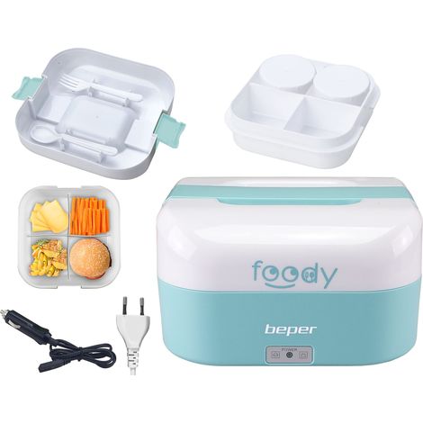 Gamelle Chauffante pour Voiture, Camion, Bureau, Ecole avec prise double ( Voiture/Mural) - Lunch Box Chauffante avec 4 Compartiments Internes Séparables + Couverts Inclus, Bleu (1/5)