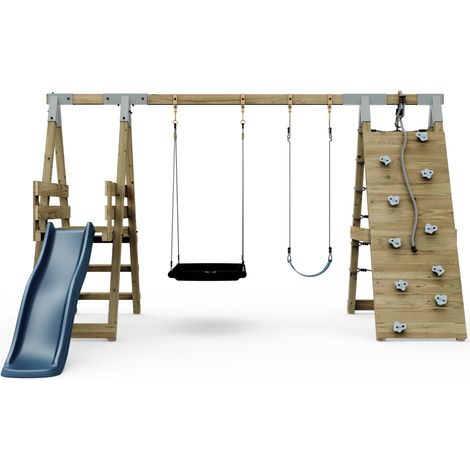 PolarPlay Premium Double Swing Set with Climbing Wall and Slide - Navy Blue with Boat Seat (1/5)