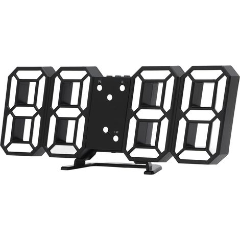 Horloge électronique 3D à grand écran LED, commande vocale intelligente, trois modes d'affichage, horloge murale numérique stéréo lumineuse avec alarme, boîtier noir et affichage blanc. (1/5)