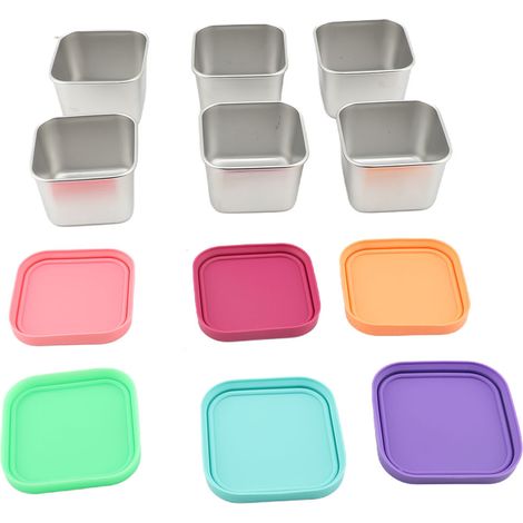 6PCS Boîtes En-cas Métal avec Couvercles Silicone 304 Inox Carré – Container Aliments Petit Déjeuner Pique-Nique Camping L 180ml (1/5)