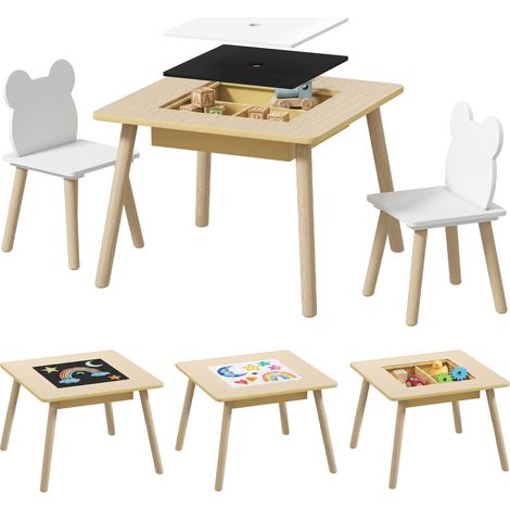 Ensemble Table et 2 Chaises Enfants avec Rangement et Dossier Ours en MDF Naturel pour 3-6 Ans - PANGIVO (1/5)