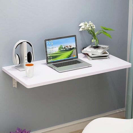 Kaelt - Table Pliante Bureau Mural à abattant, Pliant en Bois, Table de Cuisine Murale Pliante, Table Rabattable établi au Mur (Blanc) (1/4)