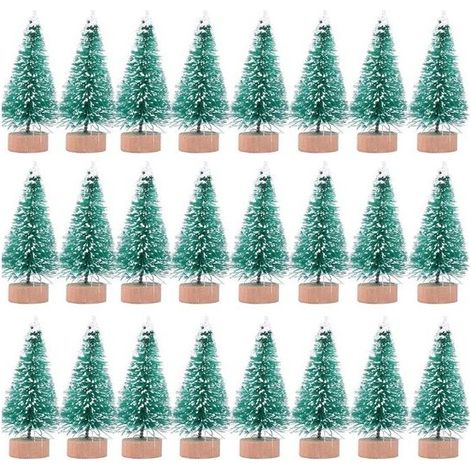 Lot de 24 mini sapins de Noël artificiels - Givrés avec base en bois - Verts - Décoration de Noël (1/5)