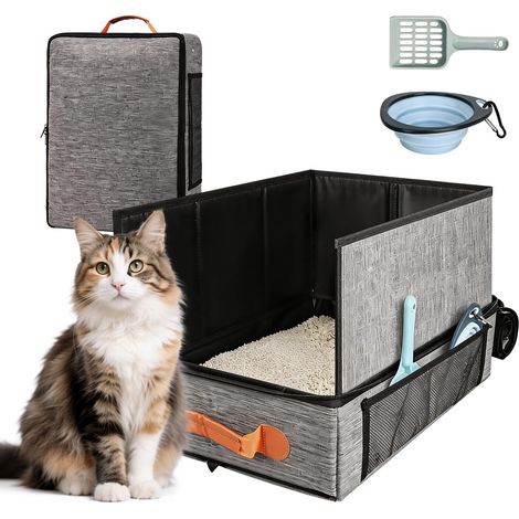 Bac à litière portable pour chat avec couvercle à fermeture éclair, kit complet avec pelle, bol et sac, litière de voyage étanche 50 x 40 x 28 cm, pour chats jusqu'à 9 kg, idéale pour voiture, camping (1/5)