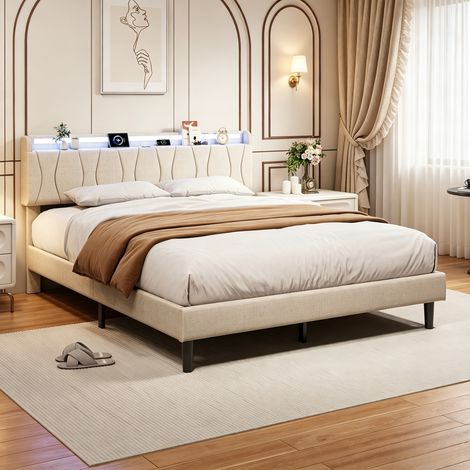Lit double 160x200 cm - Sommier à lattes - Tête de lit avec lumières LED-Matière en lin-Beige (1/5)