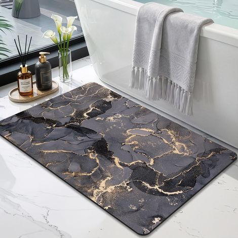 Alfombrilla de baño antideslizante ultrafina de 40x60 cm, gris oscuro, superabsorbente, de secado rápido, con moderno estampado de mármol, fácil de limpiar, para baño, bañera y ducha (1/5)