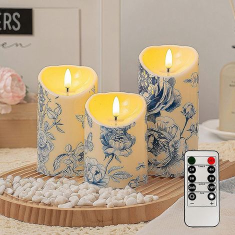 Lot de 3 bougies LED chinoises sans flamme bleues et blanches, fonctionnant sur piles, motif floral bleu et blanc vacillant, avec minuterie à distance. (1/5)