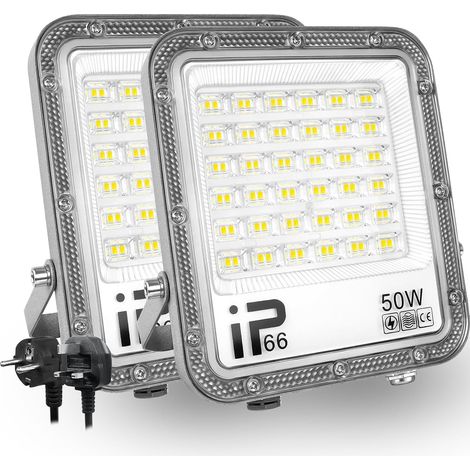 Lumière LED Extérieur 50W, 5000LM, Blanc Froid 6500K, Projecteur LED Sécurité IP65 Étanche, Lumière de Travail LED pour Porte d'Entrée, Entrepôt, Parking, Cour, Rue avec Prise (2 Pièce)