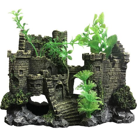 Décoration de Château Fort pour Aquarium Ruines de Château avec Plantes Artificielles et Grottes Cachettes pour Poissons Ornement en Résine pour Décor de Réservoir d'Eau Douce et Salée