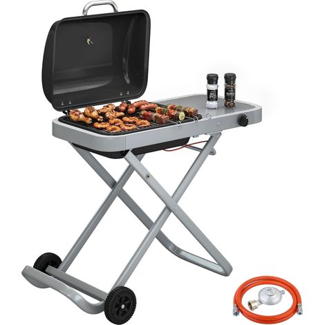 Barbecue à Gaz Portable 2,5 kW, 1 Brûleur, Chariot avec Roulettes Pliables, Grille, Tablette Latérale, Couvercle et Thermomètre