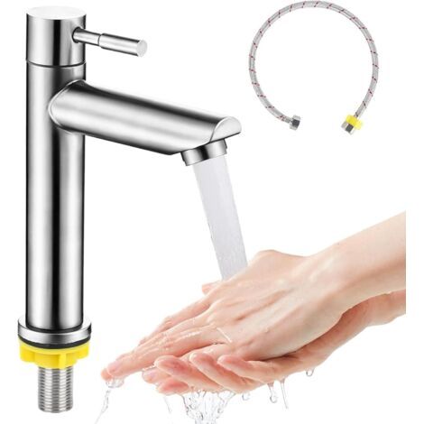 Kaltwasserhahn aus Edelstahl – Einhebelmischer mit 60 cm Anschlussschlauch – Für Gästezimmer, WC, Badezimmer, Küche