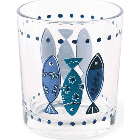 Lot de 3 Verres, Verre transparents et fonctionnels, design classique avec motifs de poissons et grecs aux tons de bleu et bleu ciel, lavables au lave-vaisselle, Ø 7,5 cm, hauteur 8,5 cm, capacité de (1/5)